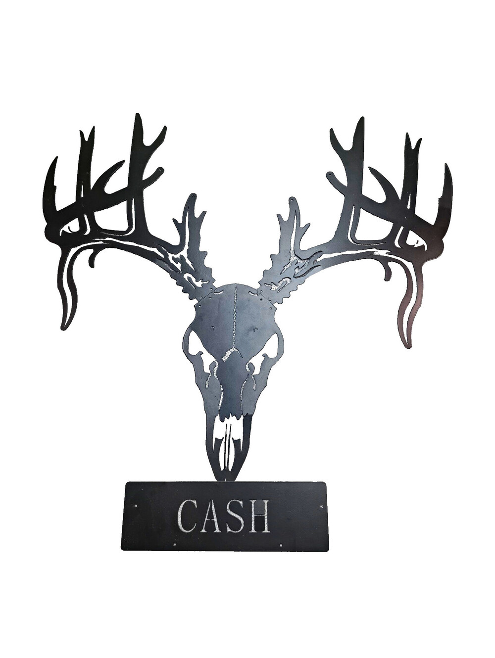 Black Metal Deer Skull Antlers Decorative Wall Mounted Sign Plaque "CASH"